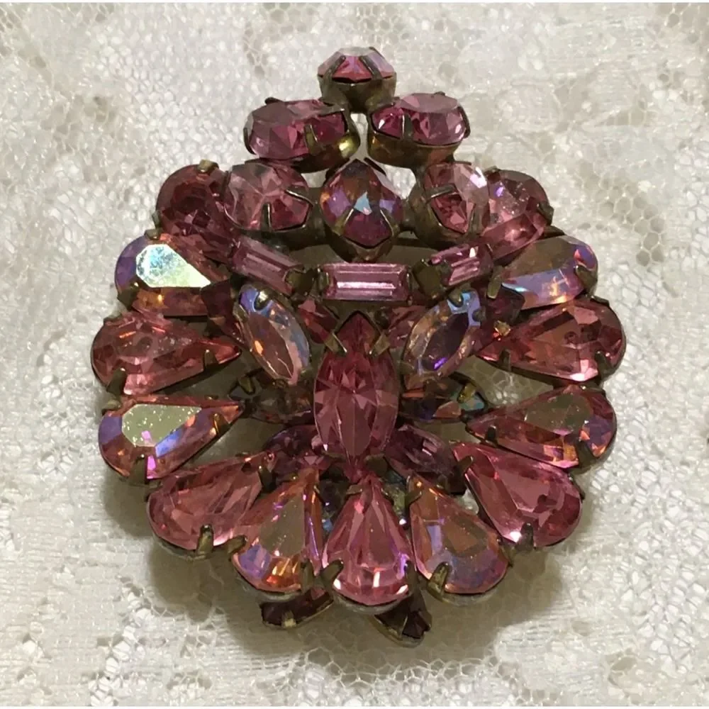 Vintage Pink Rhinestone Brooch Aurora Borealis Stones